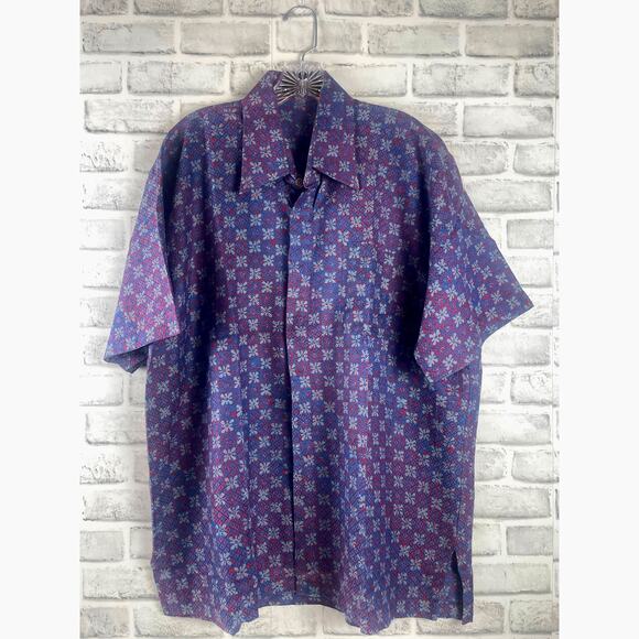 Allure Other - ALLURE Batik Shirt Men XXL Cotton Short Sleeve Geometric Floral Red White Blue